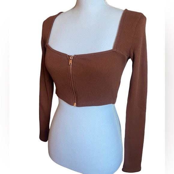 PACSUN L.A. Hearts Brown Square Neck Long Sleeve Ribbed Zip Up Crop Top Small - Picture 11 of 12